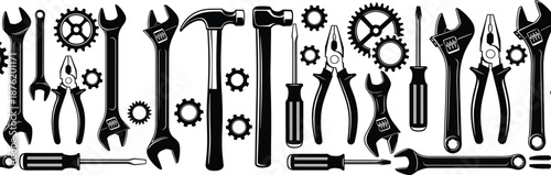 Black And White Mechanical Tools Collection With Wrenches Hammers Screwdrivers Gears Flat Design Vector Illustration Set