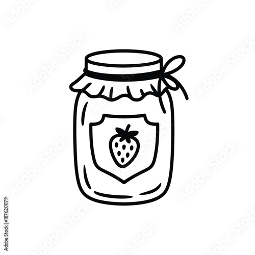 a black and white drawing of a jar with a strawberry on it