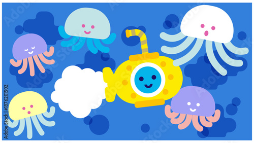 クラゲに囲まれた潜水艦のかわいい海のファンタジーイラスト