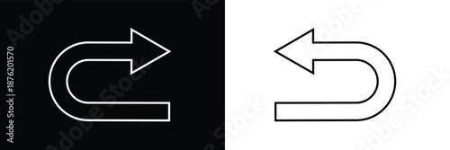 Black return arrow icon, simple go back sign vector u turn shape pointer flat design pictogram vector elements for app ads web banner button UI, UX interface elements. U turn arrow sign vector art. 