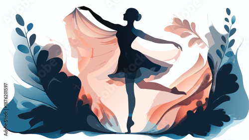Elegant ballerina dancing with flowing skirt and colorful floral background