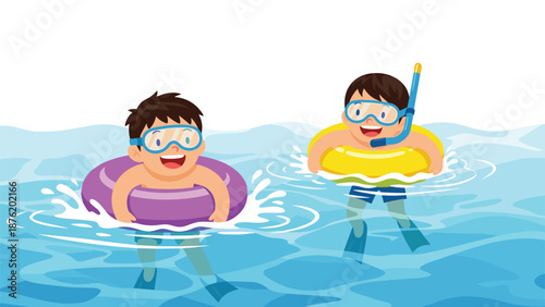 Two happy cartoon boys playing in a swimming pool, one with a snorkel and floaty, and the other in an inner tube, enjoying a summer vacation.