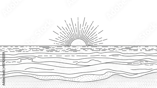 A minimalist black and white line art drawing of a sun rising or setting over the ocean waves, depicted in a simple, geometric retro style.
