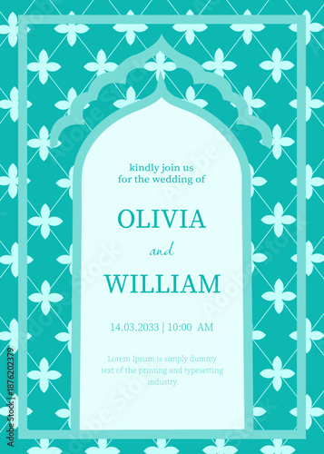 A stylish wedding invitation for newlyweds in a light turquoise color adds a touch of sophistication to the design.