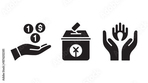 Charity donation icons in simple flat design with black color on white background for non-profit organization