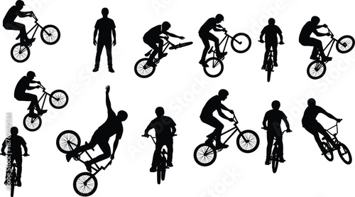 BMX rider silhouettes performing freestyle tricks and stunts, extreme cycling action poses isolated on white background vector illustration collection sport motion design