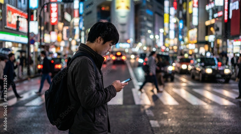 Obraz premium Person Using Smartphone on Tokyo Street at Night