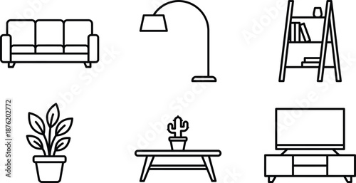Set of six simple line icons representing living room furniture and decor sofa, floor lamp, bookshelf, potted plant, coffee table with cactus, and television on stand