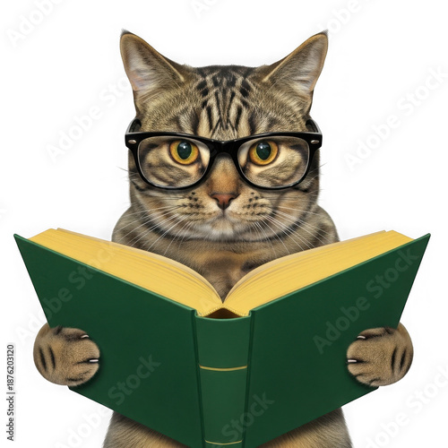 Tabby cat wearing glasses reading a book