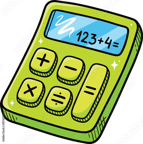 Cartoon-style green calculator with sparkles and large buttons for educational, arithmetic, and playful math visuals