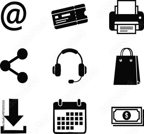 Professional Black Solid Business and E-commerce Icon Set for Web and App Interface Design, Featuring Customer Support, Finance, and Digital Utility Symbols.