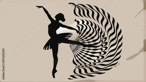 Elegant ballerina in dynamic pose with flowing zebra print skirt