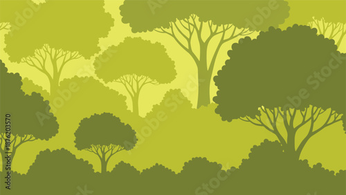 A monochromatic silhouette of a dense forest or jungle landscape in various shades of olive green, creating a layered and atmospheric background.