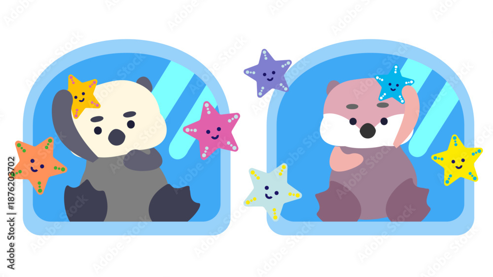 Naklejka premium 窓の中にいるラッコと星のかわいいキャラクターイラスト
