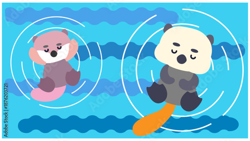 水面でくるくる回るラッコのかわいい横長イラスト