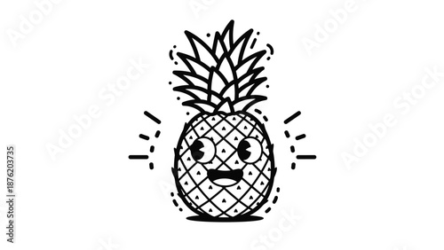 A fun and quirky black and white line art illustration of a happy cartoon pineapple character with a smiling face in a retro rubber hose style.