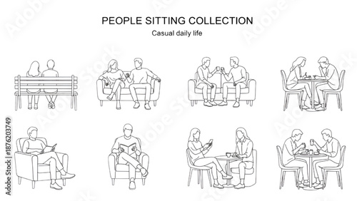 Urban People Sitting Line Art – Minimal Architectural Entourage CAD Blocks on White