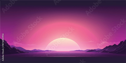 A beautiful landscape featuring a sunrise, sunset, and rainbow over mountain peaks with orange clouds and light reflecting on the water at dawn