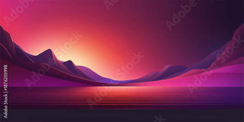 A breathtaking mountain landscape at dawn features a golden sunrise over misty hills and a calm lake reflecting the evening light of a sunset sky