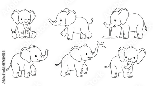 A cute set of six cartoon baby elephants in various poses, such as sitting, walking, and spraying water, drawn in a simple black outline style.