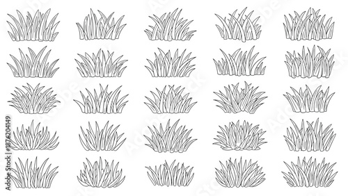 A large set of various grass tufts drawn in a clean, black and white dotted line art or stipple style, isolated on a white background.
