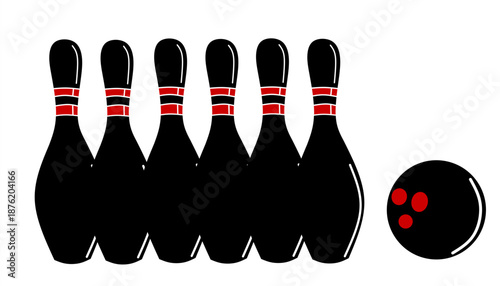 Bowling Pins and Ball Icon Black Red Flat Sport Symbol