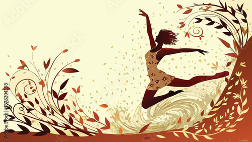 Woman dancing joyfully in autumn leaves with flowing hair and arms outstretched