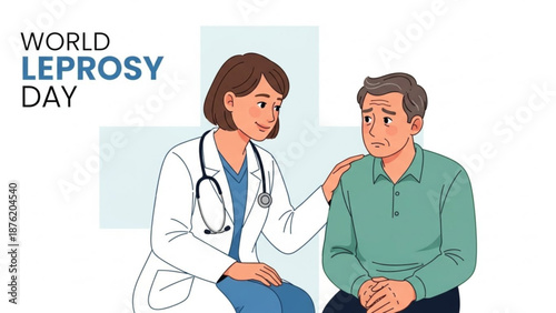 World leprosy day female doctor comforting a man with a concerned expression on a white background