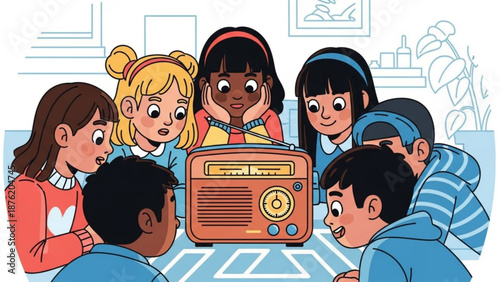 Diverse group of children gathered around an old radio listening intently illustration for storytelling and childhood nostalgia