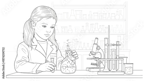 Young female scientist intently observes bubbling chemical reactions inside laboratory glassware while holding a small test tube in a dedicated science setting.