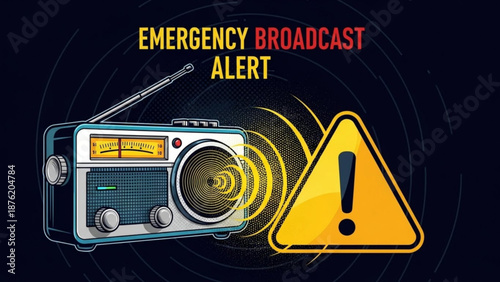 Vintage radio broadcasting emergency alert with warning sign and sound waves concept for disaster communication and public safety announcement