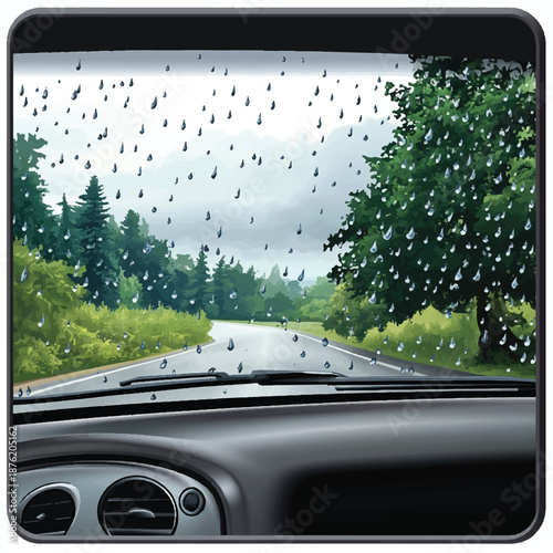 Rainy Road Trip Car Interior View of a Wet Forest Landscape
