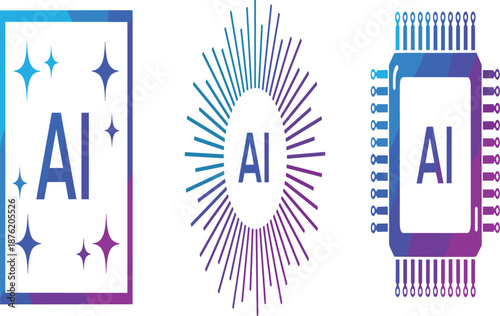 Flat vector AI conceptual graphics featuring a sparkling card a sunburst emblem and a high-tech microprocessor with gradients