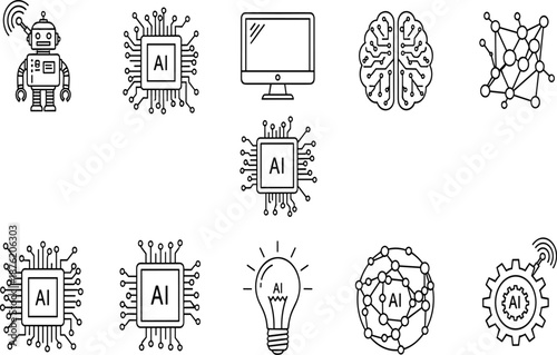 Minimalist AI and robotics line icon set featuring humanoid robots microchips neural network connections and digital automation symbols