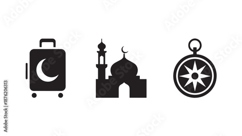 Islamic Symbols Silhouette Set in Simple Flat Design with Black Color on White Background for Religious Travel