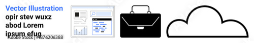 Business tools, data sharing, cloud computing, management, analytics, digital services. Dashboard interface, briefcase and cloud icon displayed. Business tools and data sharing