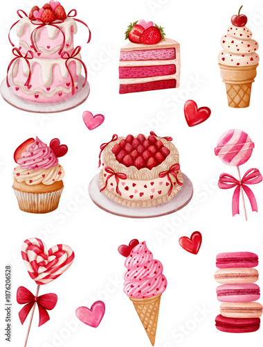 Valentine Watercolor Desserts Collection with Cakes, Ice Cream, Macarons and Heart Candies