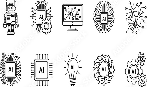 Minimalist AI and robotics line icon set featuring humanoid robots microchips neural networks and industrial automation technology symbols
