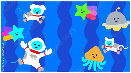 宇宙飛行士と宇宙のなかまたちが集まったかわいいファンタジーイラスト