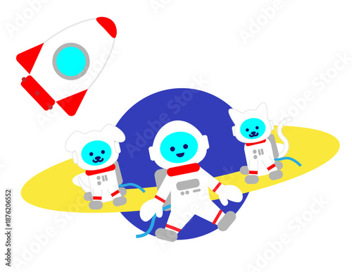 惑星の上に立つ宇宙飛行士たちのかわいいキャラクターイラスト