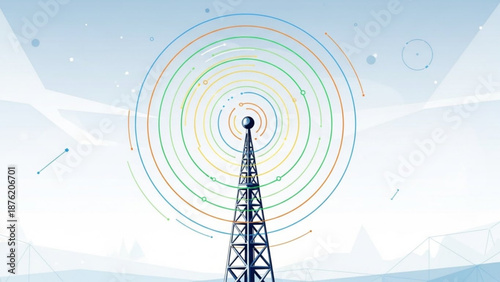 Communication tower broadcasting signals with colorful concentric rings representing data transmission and connectivity abstract technology concept