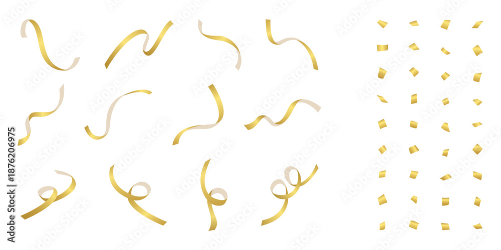 Fototapeta premium 金色のテープと紙吹雪のセット、デコレーション素材