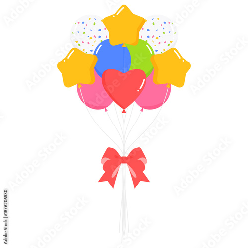 リボン付きの風船、星型、ハート型、紙吹雪風船、イラスト、アイコン、デコレーション素材	