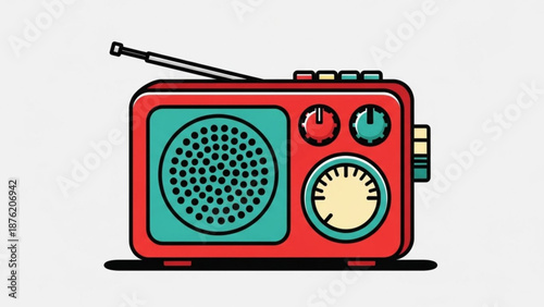 Retro radio illustration vintage audio device with antenna and knobs flat design element for music and broadcast concepts