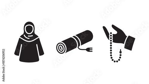 Islamic Prayer Symbols in Simple Flat Design with Black Silhouette on White Background for Religious Illustration
