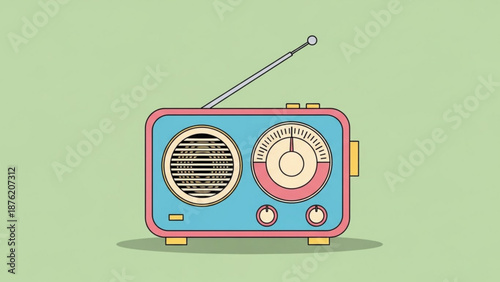 Retro radio illustration vintage audio device with antenna and dial flat design for music and broadcasting concepts isolated on pastel background