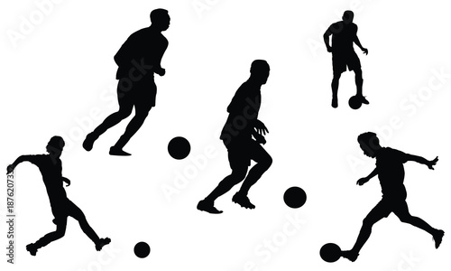 Dynamic silhouettes of soccer players kicking, dribbling, and walking, football action poses, sports movement, team game.