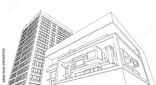 Architectural line drawing of modern apartment buildings with geometric facades and repeating windows against a white background