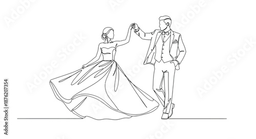 Elegant bride and groom dancing together in a continuous line drawing style on a white background