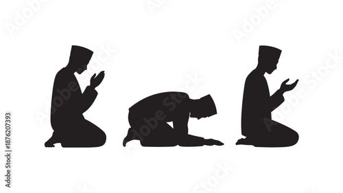 Muslim men praying in silhouette with peaceful serene atmosphere in black and white minimalist illustration for religious theme